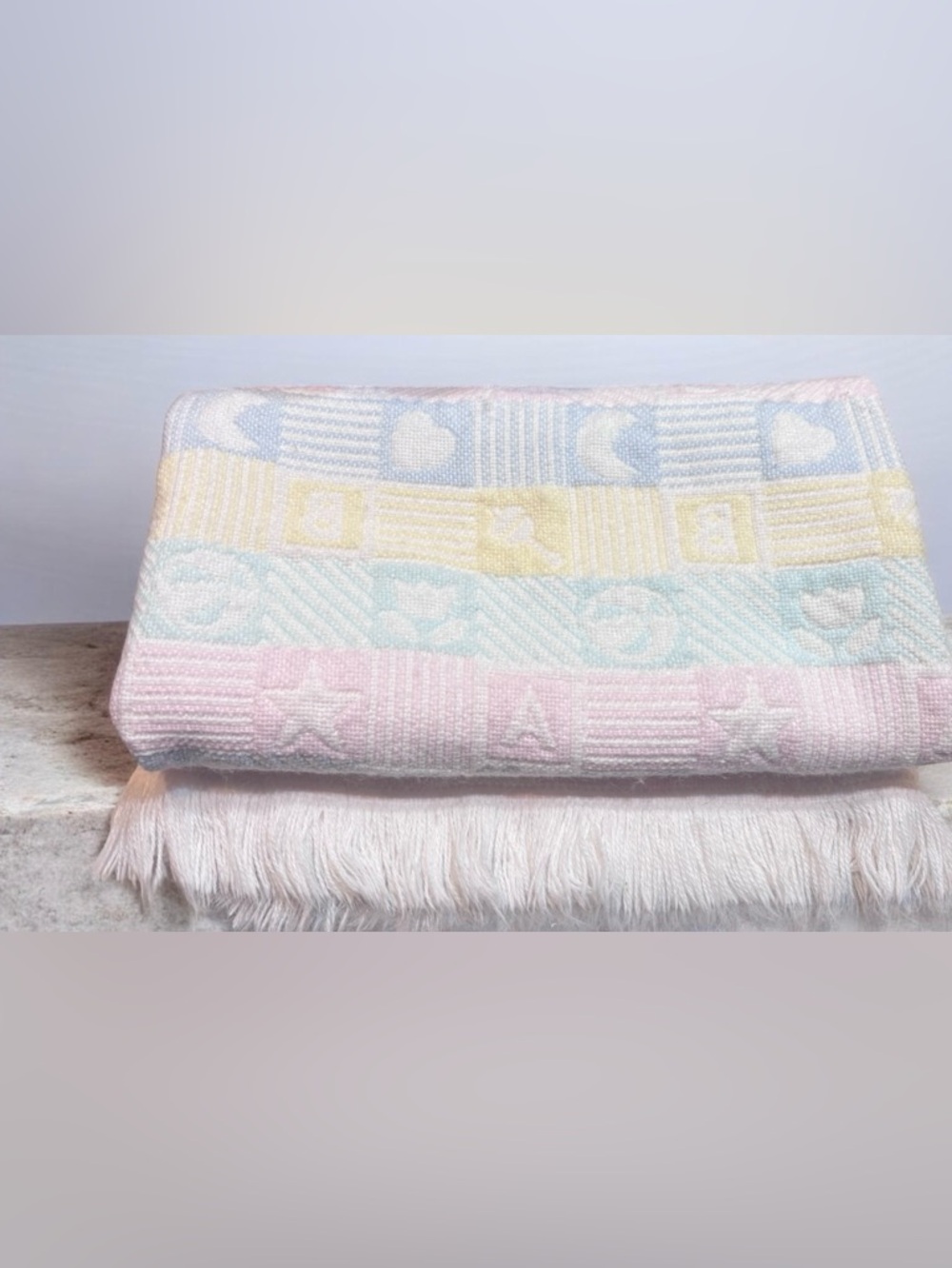 Vtg Acrylic Baby Blanket Fringe Pastel Blocks Moon Star ABC Alphabet